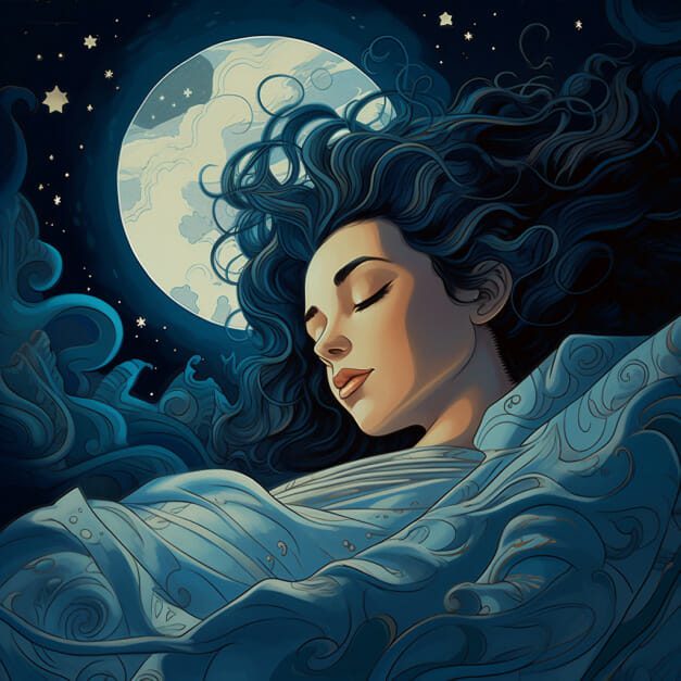 An illustration of a person with closed eyes and flowing dark hair, peacefully sleeping under a night sky. A large glowing moon and twinkling stars illuminate the scene, with swirling blue hues creating a dreamlike atmosphere.