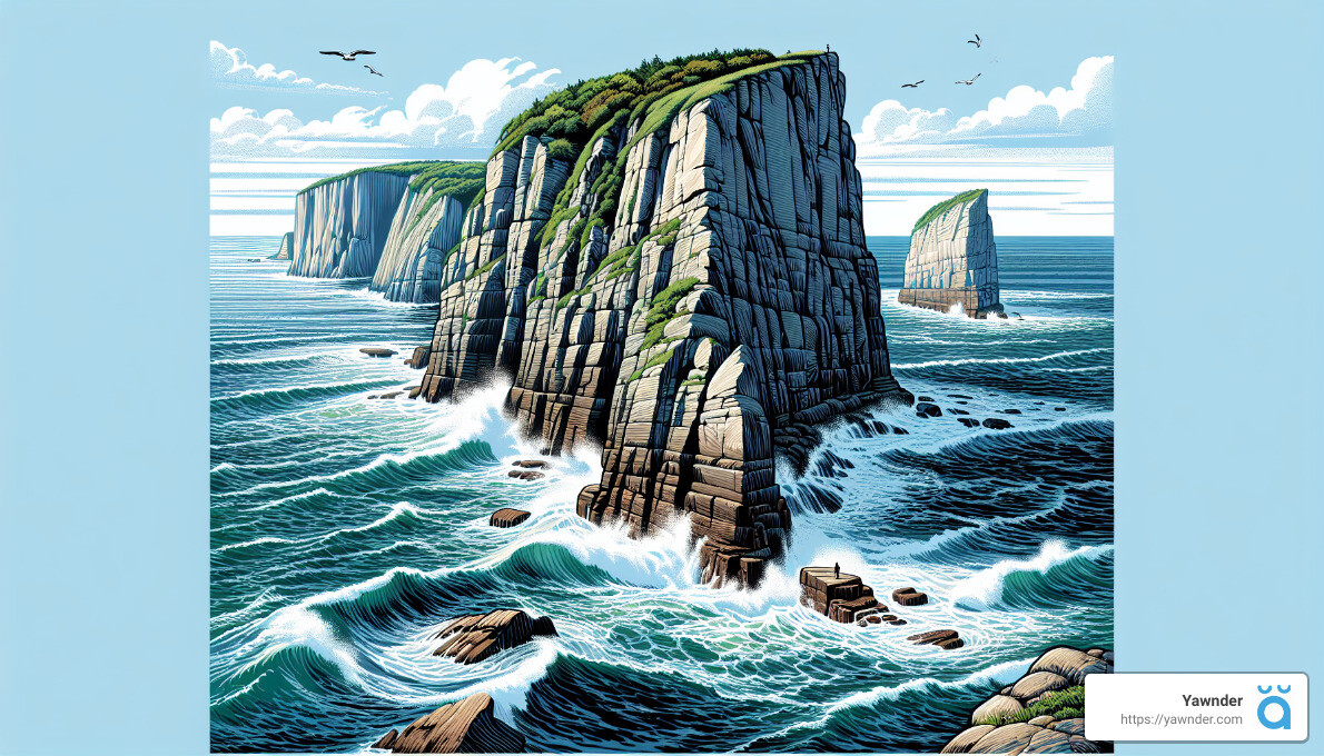 Digital illustration of magnificent sea cliffs rising steeply from turbulent ocean waves. Birds soar above, and vegetation tops the cliffs. The dramatic scene is set under a bright blue sky with scattered clouds, showcasing nature's raw coastal beauty.