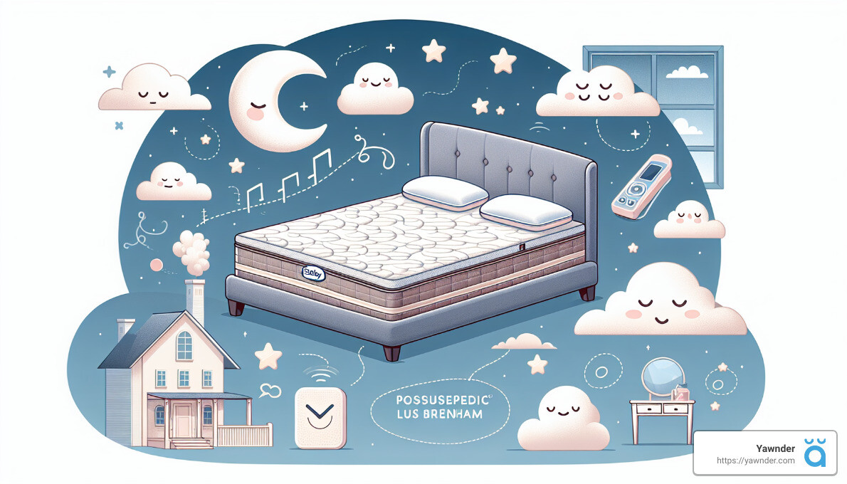 Illustration of a cozy bedroom with a bed featuring the label "Possusepedic Lus Brenham." There are dreamy elements like clouds with smiling faces, a crescent moon, musical notes, a sleep tracker, and a home, all in pastel colors. A logo for "Yawnder" is in the corner.