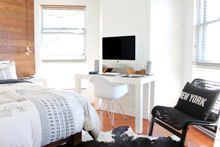 a desk and chair in a room