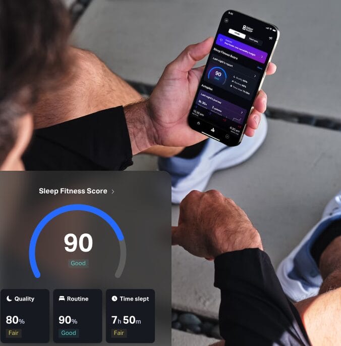 A person wearing athletic clothing is seated on the ground, holding a smartphone displaying a fitness app. The app shows a Sleep Fitness Score of 90. An overlay highlights details: 80% sleep quality, 90% routine, and 7 hours 50 minutes slept, all rated as "Good.