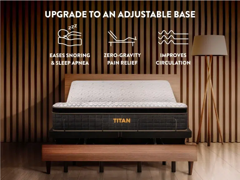 A bed with a Titan Plus Elite mattress on an adjustable base in a stylish bedroom setting. The text above highlights benefits: "Eases Snoring & Sleep Apnea," "Zero-Gravity Pain Relief," and "Improves Circulation." The background features vertical wood paneling.
