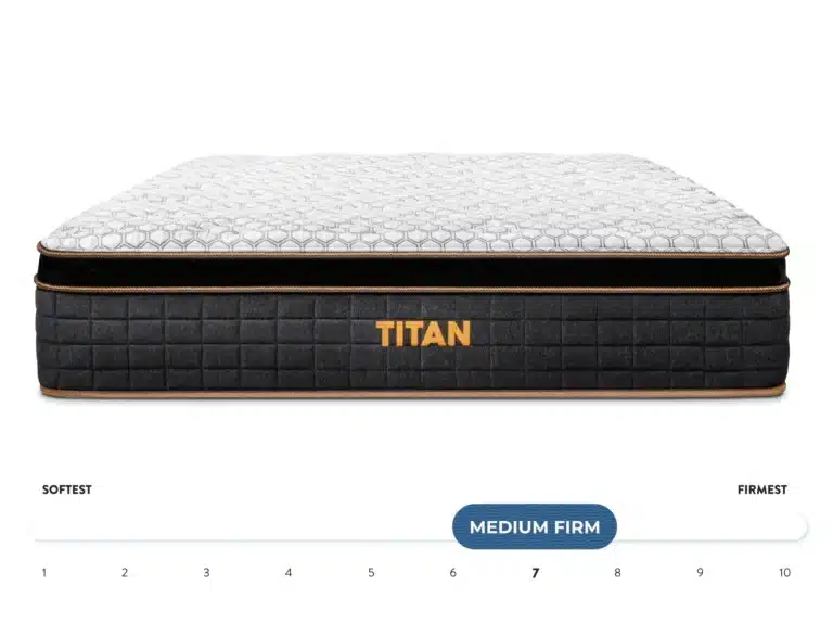 A rectangular mattress labeled "Titan Plus Elite" features a textured gray top, black sides, and gold accents. Below the mattress is a firmness scale ranging from 1 to 10, where 1 signifies the softest and 10 the firmest. The indicator is set to 7, signifying medium firm.