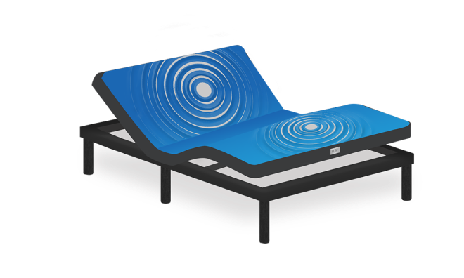 A graphic of an adjustable bed with a blue mattress. The mattress's head section is elevated, and it features a circular pattern design. The bed frame is black, and the base is gray, highlighting its capability to lift and adjust different sections for comfort.