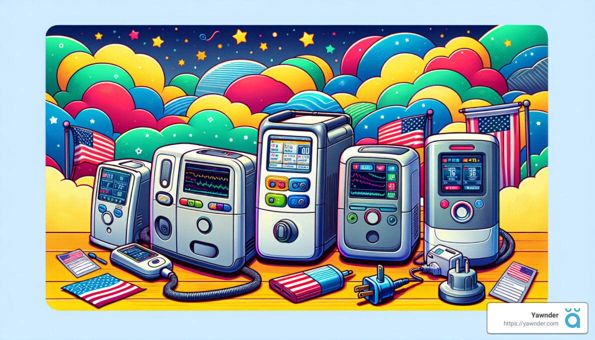 Colorful illustration of various medical devices arranged on a wooden surface. The background features whimsical, vibrant clouds, stars, and American flags. Each device has colorful buttons, screens displaying lines and numbers, and an American flag nearby.