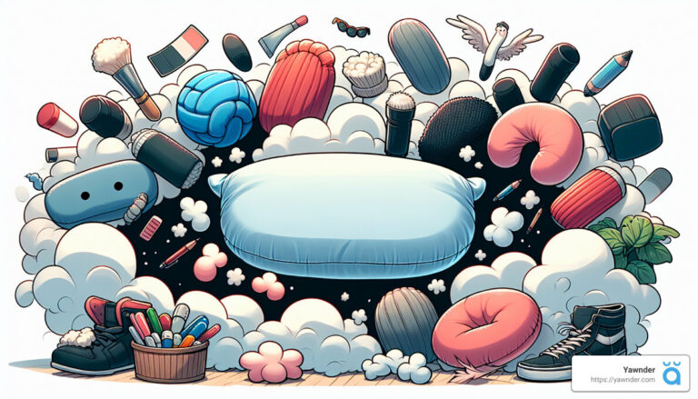 A cartoonish illustration featuring a variety of sleep-related objects and activities. A large pillow is at the center surrounded by clouds, pajamas, slippers, a sleeping mask, and soothing items like candles, tea, and relaxation accessories. There's also a “Yawnder” logo.