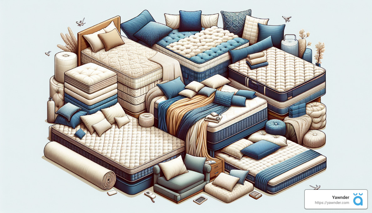 a group of mattresses and pillows