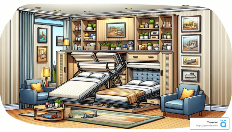 A modern living room features a Murphy bed and fold-out couch in mid-open positions. Shelves filled with plants and decorative items, framed pictures, two blue armchairs, and a small round coffee table are also present. A window and door to a balcony are on the left.