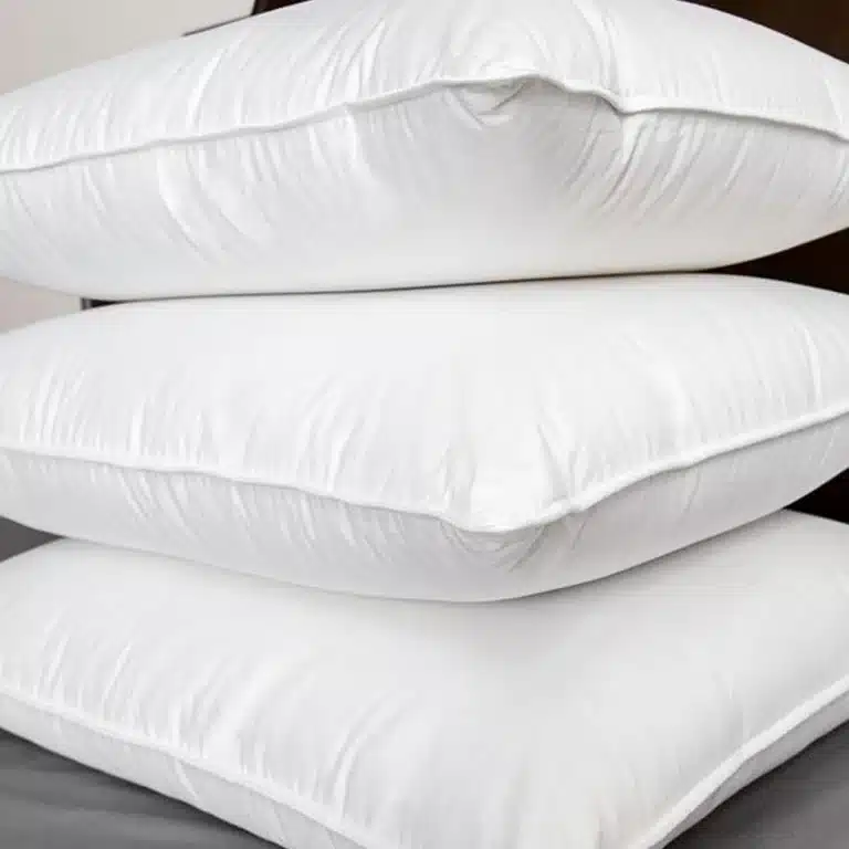 A stack of three white pillows is neatly arranged in a vertical pile. Each pillow appears soft and plush, with smooth, clean fabric covers. The background is neutral, with a hint of a headboard and wall in soft focus.