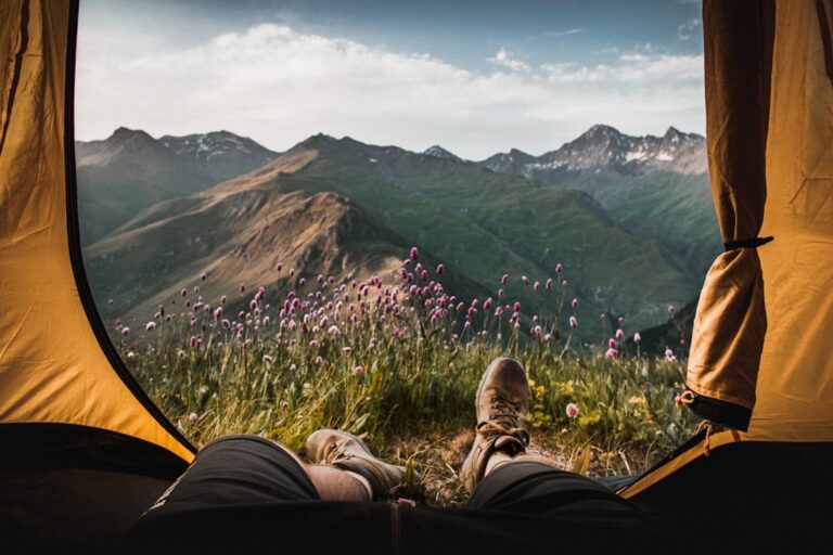 View from inside a tent showing a person's legs stretched out, looking out to a scenic landscape of green hills and mountains. Purple wildflowers dot the foreground under a partly cloudy sky.