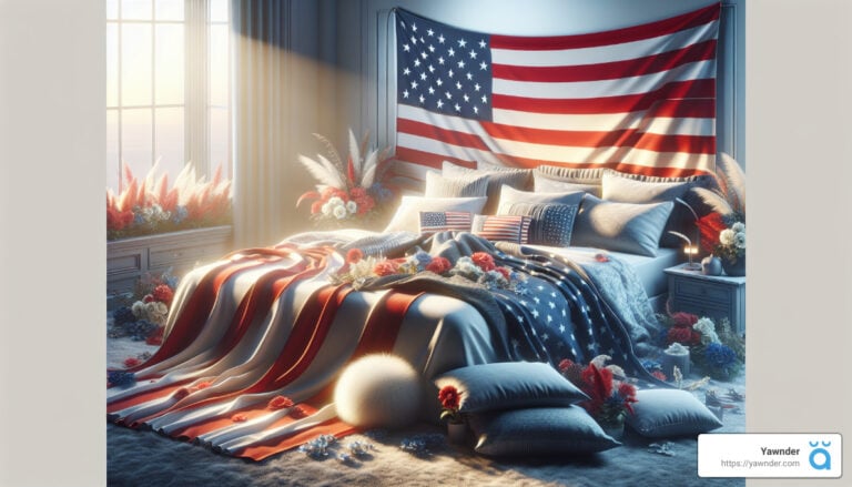 a bed with a flag on the wall