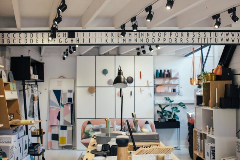 a room with a table and shelves