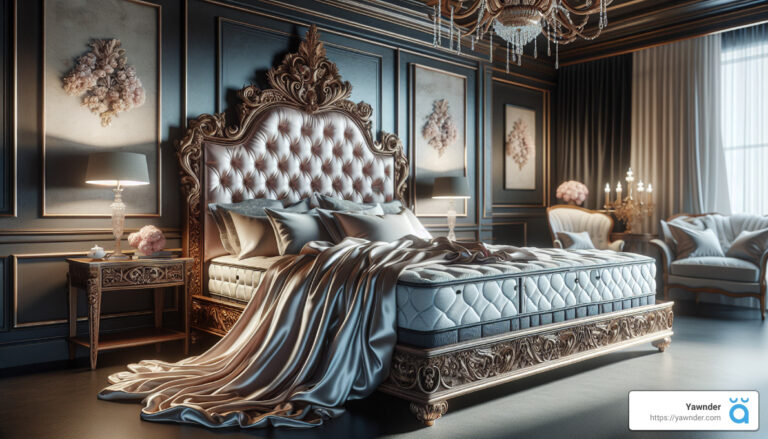 A luxurious bedroom features an ornate, tufted headboard, elegant bedding with draped sheets, and matching nightstands with lamps. The room is decorated with dark wood paneling, intricate moldings, and classical artwork, illuminated by a chandelier and natural light.