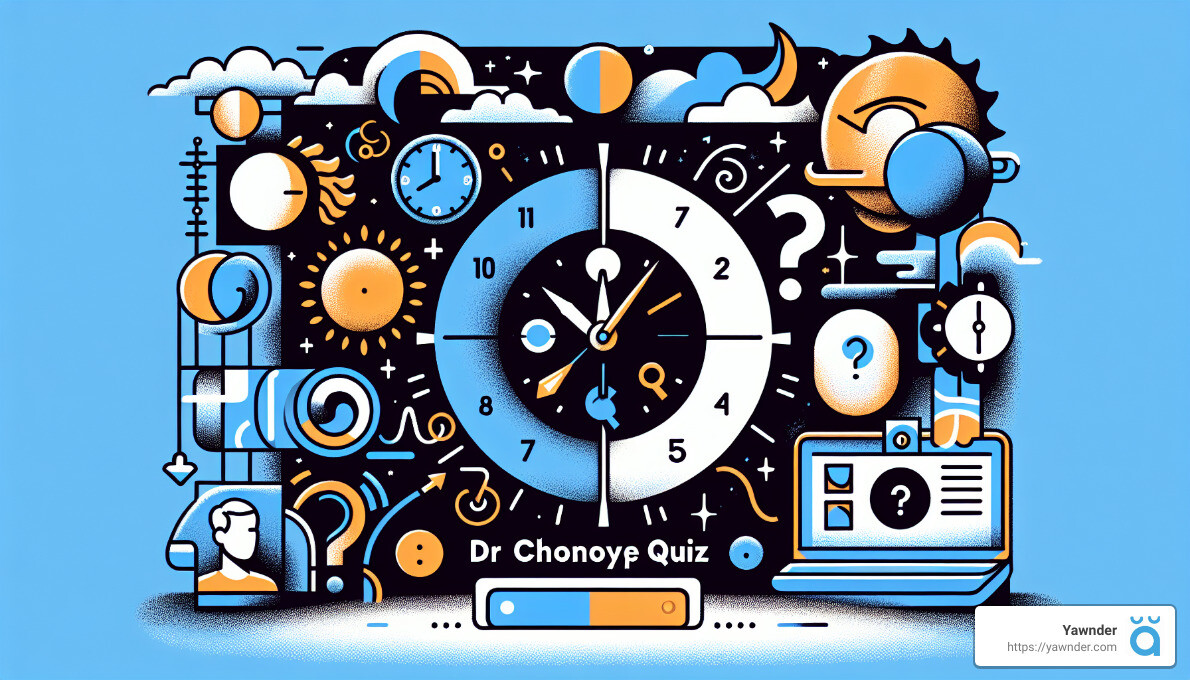 An illustration features a central clock with various quiz and science-related symbols around it, including question marks, gears, lightbulbs, and a laptop with a question mark on the screen. The dominant colors are blue and orange. A logo "Yawnder" is at the bottom right.