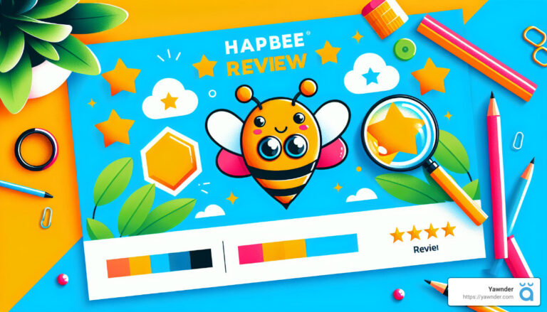 A colorful image featuring a cheerful cartoon bee with big eyes at the center, surrounded by stars, hexagons, and nature elements. The top reads "Hapbee Review." A review rating and color palette are shown at the bottom. A website URL is displayed in the corner.