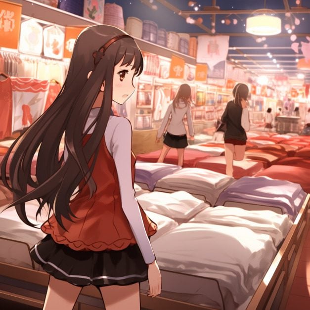 An anime-style image of a girl with long dark hair and a red outfit looking over her shoulder in a brightly lit market. She stands in front of a stall with neatly stacked blankets. Two more girls in similar outfits browse the market in the background.