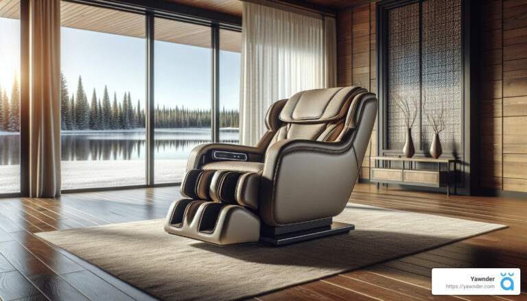 a chair in a room with a lake and trees