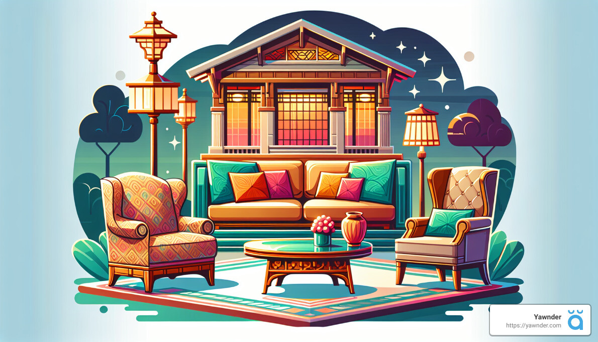 A vibrant illustration features an outdoor patio with a sofa, two armchairs, and a round coffee table. The setting includes a wooden gazebo in the background, along with decorative lanterns, cushions, and plants, creating a cozy atmosphere.