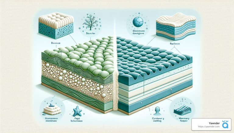 A detailed infographic shows various sections of a mattress, illustrating different features like bounce, temperature regulation, support layers, and memory foam. Each feature is highlighted with symbols and cut-out sections of the mattress layers.