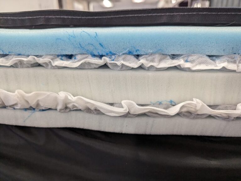 Close-up view of a layered mattress structure, showing different materials. The top layer is blue foam, followed by a textured white layer, both wrapped in a white fabric with blue thread accents. The bottom layer appears to be a flat black material.