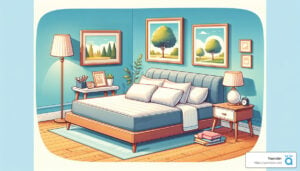 A cozy bedroom with teal walls features a double bed with light-colored bedding. The room includes framed nature pictures, a bedside table with a lamp and alarm clock, a floor lamp, and a small desk with framed photos. A plant and a stack of books are on the floor.