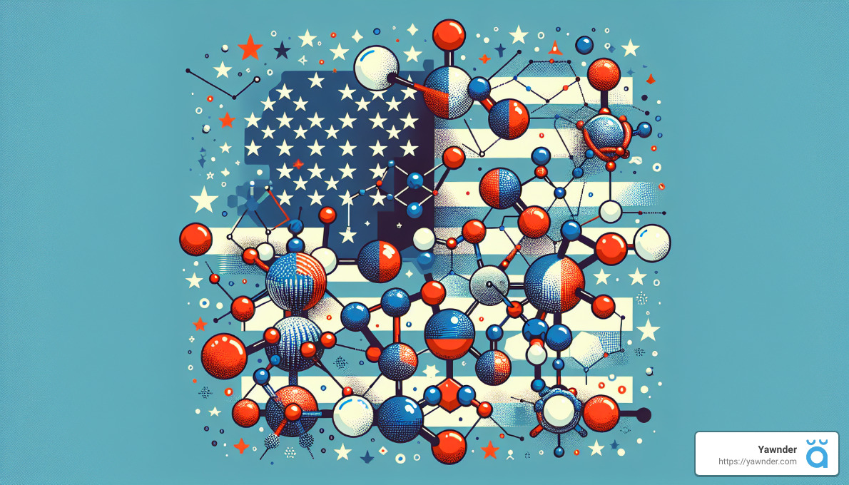 a blue and red molecule structure with stars and stripes