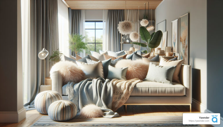 a living room with a couch and pillows