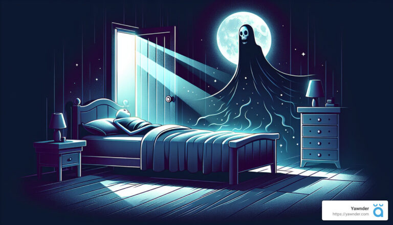 A dimly lit bedroom with an open door letting in moonlight. A ghostly figure with a skull-like face hovers near the bed, which is neatly made. A nightstand with a lamp is next to the bed, and a dresser is on the other side of the room. The scene is eerie and silent.