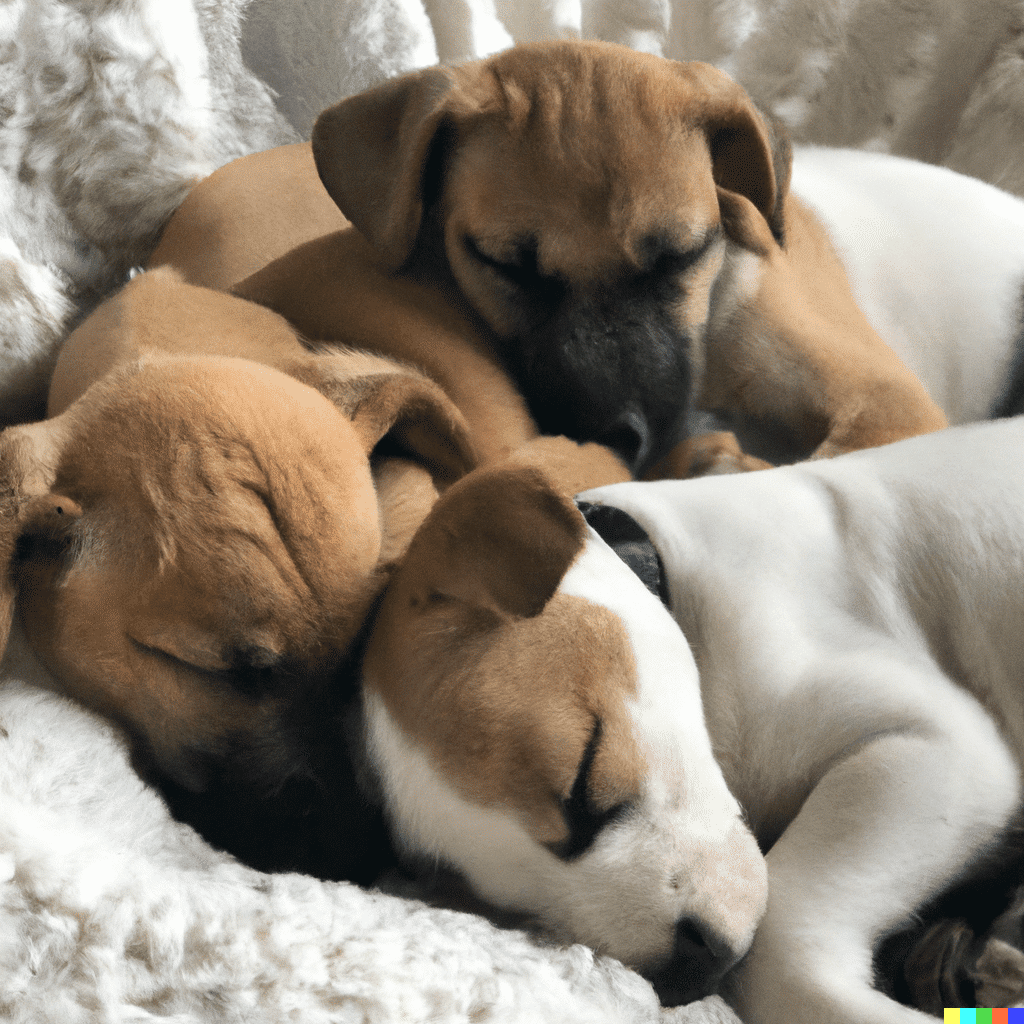 Three adorable puppies are nestled together, sleeping soundly on a soft, fluffy blanket. The puppies have brown and white fur, with each resting its head gently on the others, forming a heartwarming, cozy scene of peaceful slumber.