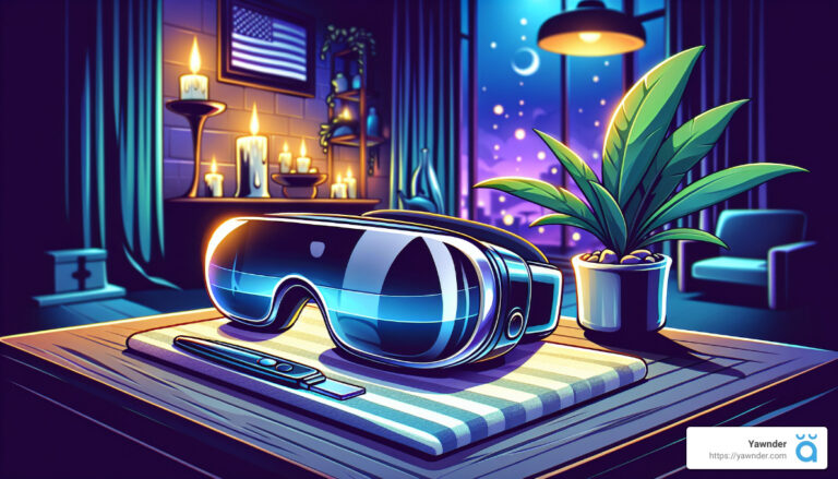 A futuristic pair of augmented reality glasses sits on a table with a digital pen. The room is dimly lit, featuring candles, plants, and a large window showing a starry night sky. A small desk lamp illuminates part of the table, creating a serene atmosphere.