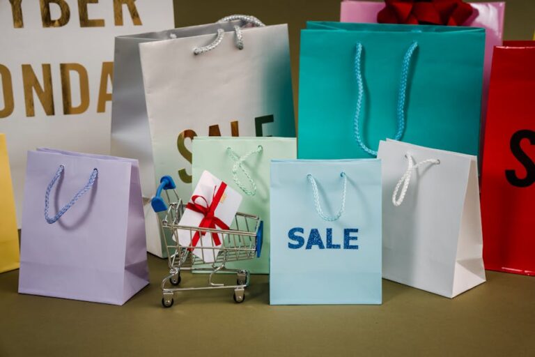 shopping bags and a cart with a card in it