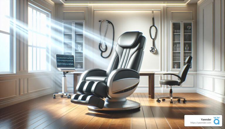 a chair in a room with a desk and a stethoscope