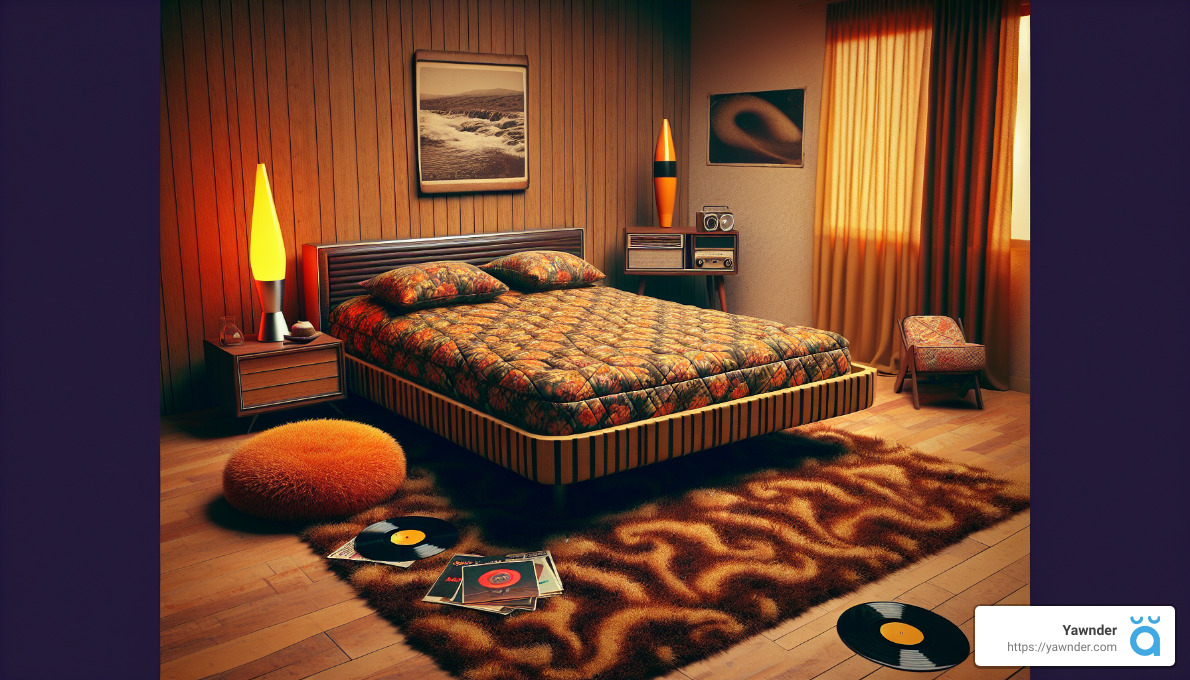 a bedroom with a bed and a rug and record player