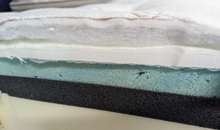 Close-up image of layered mattress materials showing different foam and padding sections. The top layer is a white quilted fabric, followed by layers of white, light blue, black, and beige foam. The various textures and densities of the foams are visible.