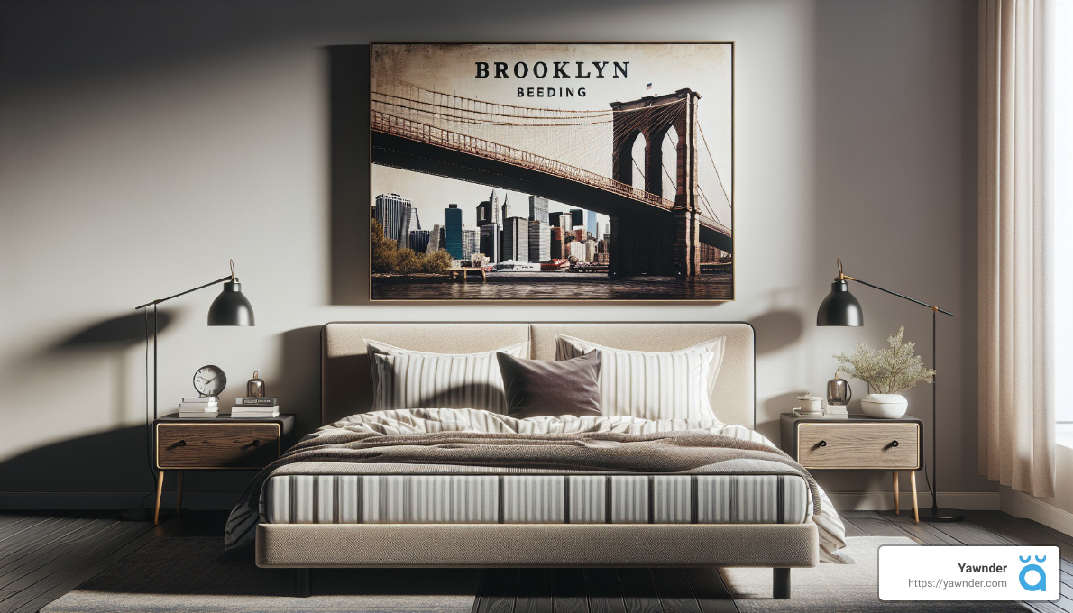 a bed with a picture of a bridge above it