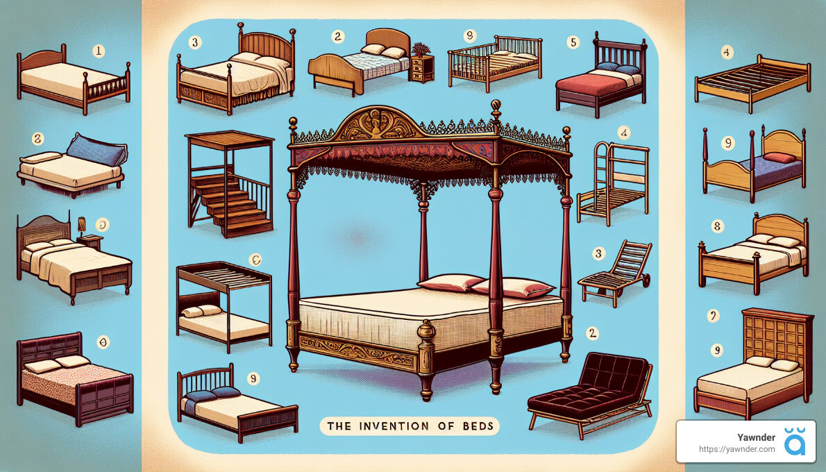 A colorful vintage-style poster titled "The Invention of Beds" shows 19 different bed designs numbered 1-19. A variety of styles are featured including bunk beds, canopy beds, futons, and trundle beds, against a blue background. The Yawnder logo is at the bottom right.