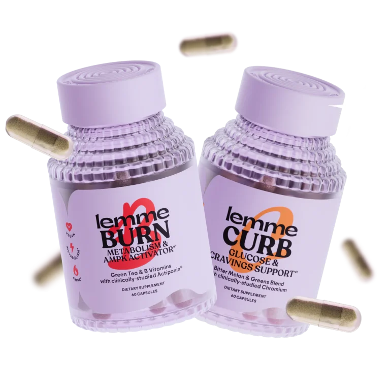 The image shows two bottles of dietary supplements. One is labeled "lemme BURN Metabolism & AMP Activator" and the other "lemme CURB Glucose & Cravings Support." The bottles, surrounded by several capsules, both have a purple cap and clear design, making Lemme Curb stand out elegantly.