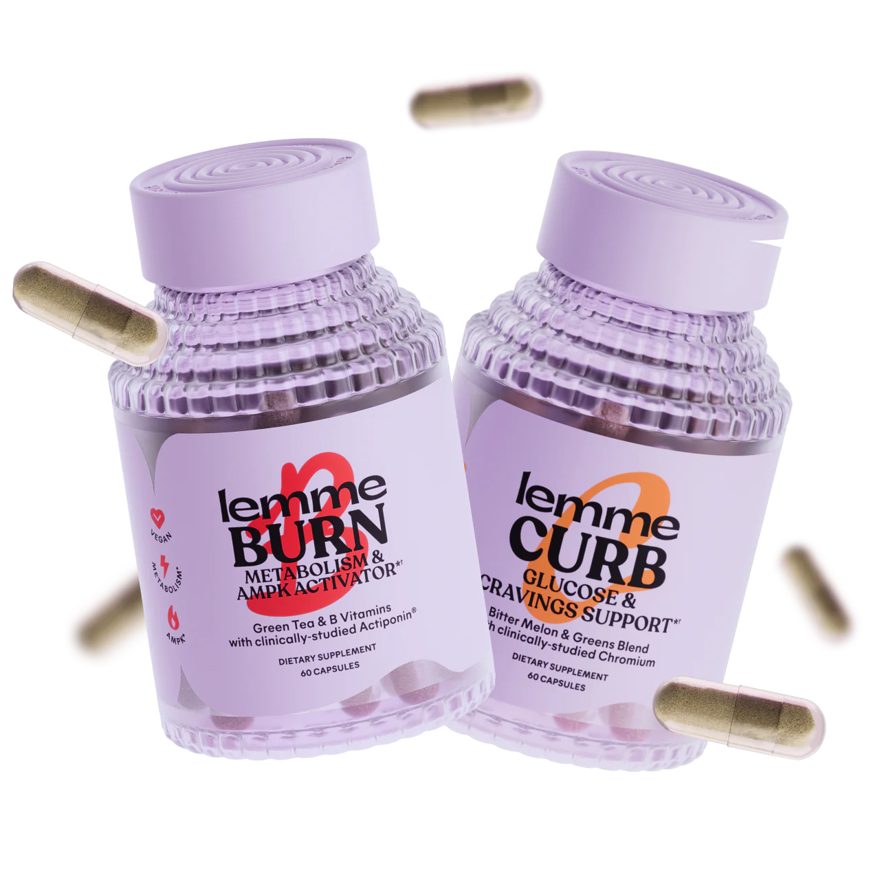 The image shows two bottles of dietary supplements. One is labeled "lemme BURN Metabolism & AMP Activator" and the other "lemme CURB Glucose & Cravings Support." The bottles, surrounded by several capsules, both have a purple cap and clear design, making Lemme Curb stand out elegantly.