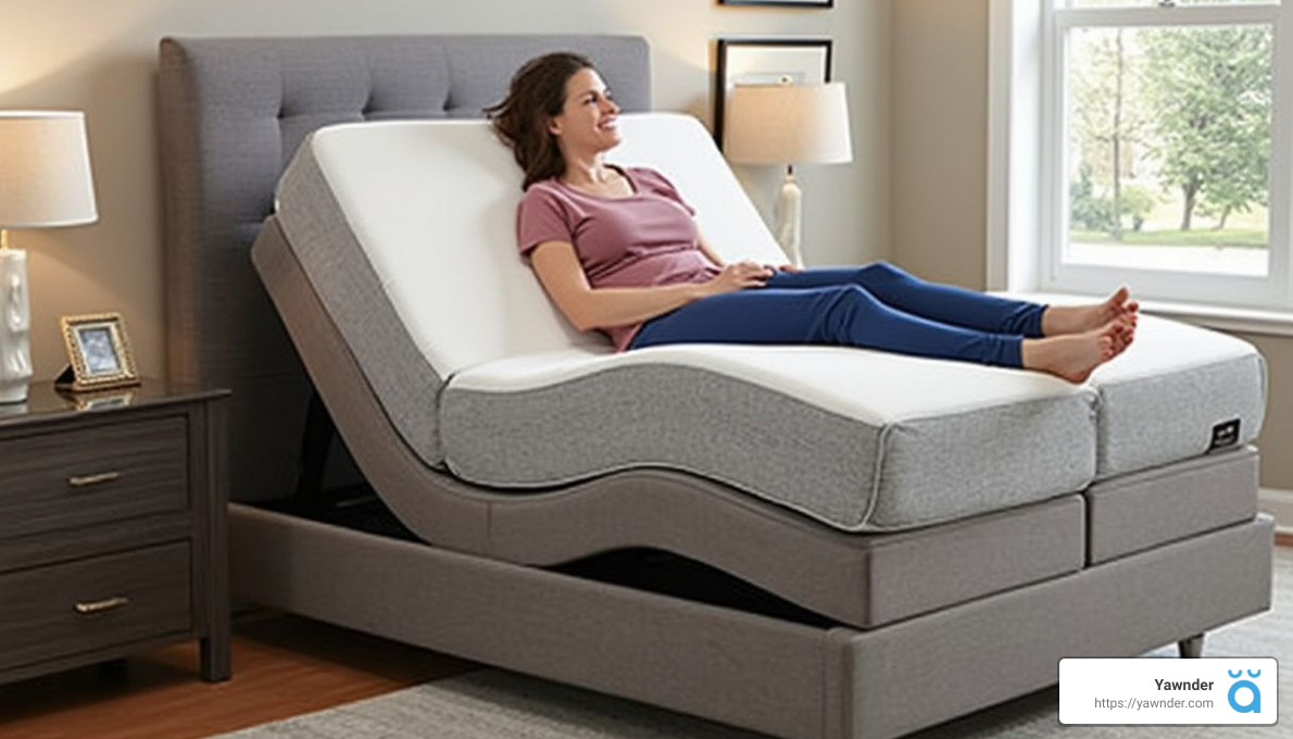 A smiling woman is reclining on an adjustable bed in a modern, well-lit bedroom. She is wearing a pink shirt and blue pants, with her legs slightly elevated. The bed's head and foot sections are slightly raised. A nightstand with a photo frame and lamp is beside the bed.