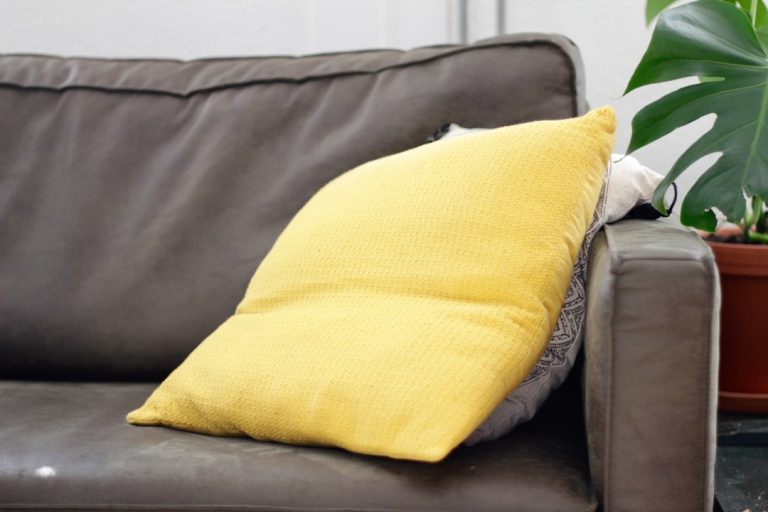 A comfortable brown sofa with a vibrant yellow cushion placed against its armrest. A green leafy plant in a pot is partially visible in the background, adding a touch of nature to the cozy setting.