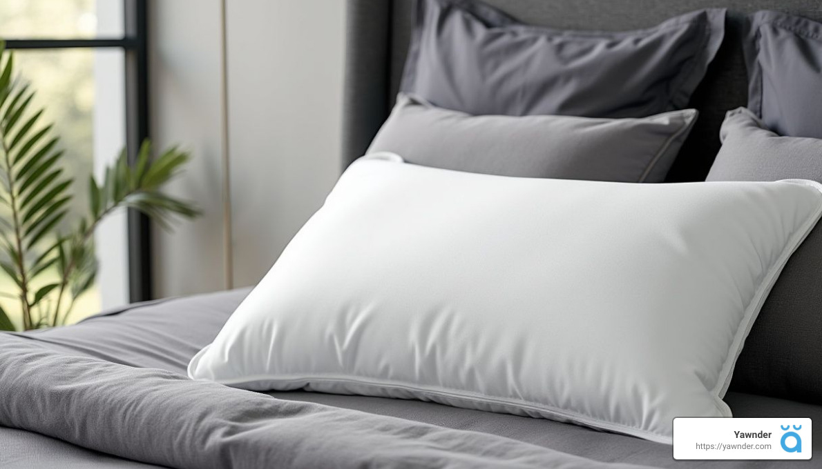 A neatly made bed features a plump white pillow on top of gray sheets and pillowcases. A hint of green plants and a window is visible in the background, creating a serene bedroom scene. The bottom corner of the image shows a yawnder.com logo.