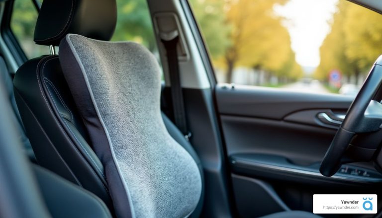 A gray ergonomic seat cushion is placed on the driver's seat of a car. The car interior is modern, with a black leather seat and a sleek design. The background shows a blurred view of trees and a road.