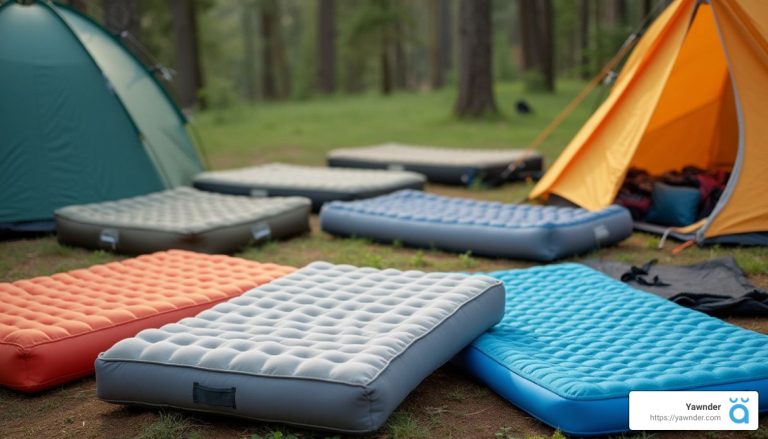 Several inflated sleeping pads are arranged on the ground by two tents in a forested campsite. The sleeping pads vary in color, including shades of gray, red, and blue. The background features trees and greenery, suggesting a calm outdoor environment.