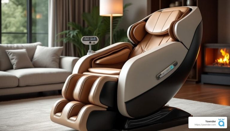 A luxurious brown and black massage chair sits in a modern living room with a large window in the background. The chair features ergonomic cushioning and a digital control panel. A light-colored sofa and a lush green plant add to the cozy, contemporary ambiance.