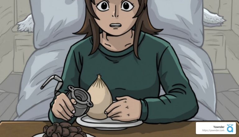 A person with brown hair and wearing a green shirt sits in front of a large pillow. They look surprised while holding a pouch and a strange device. On the table in front of them, there's a plate with several small dark objects.