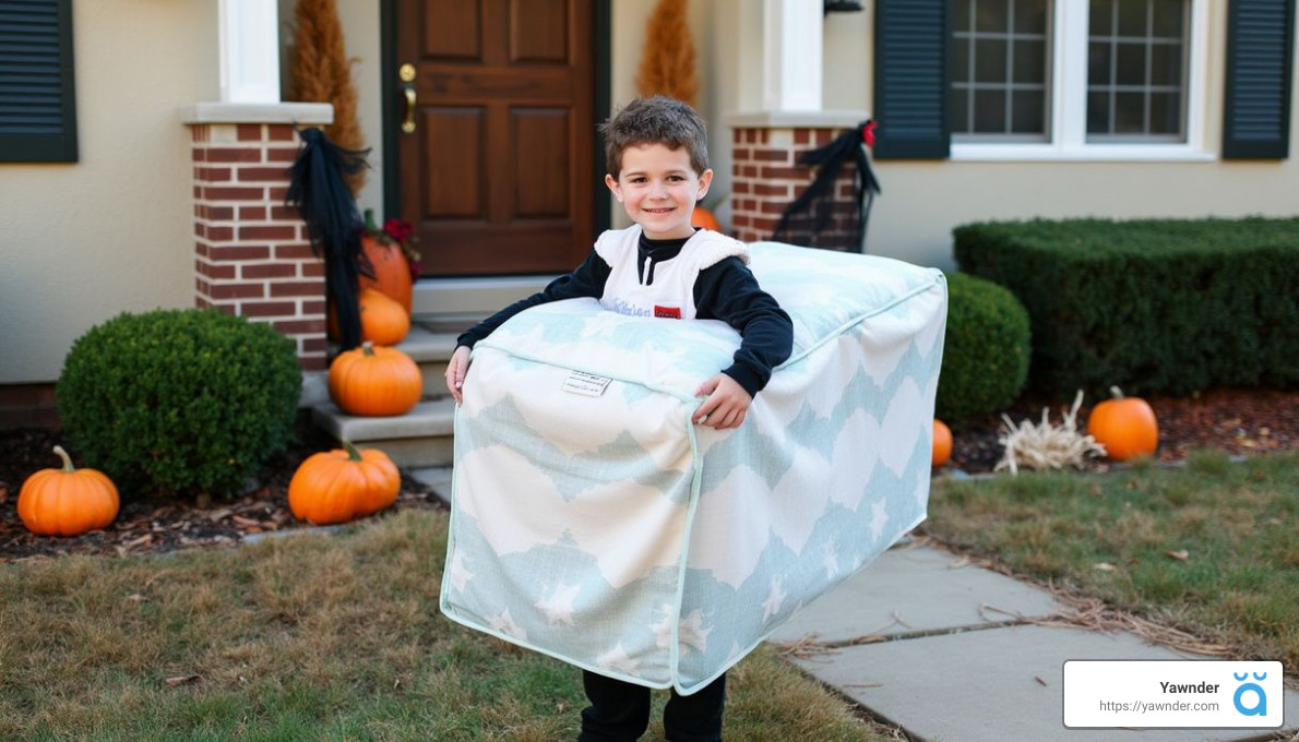 A young child stands outside a house decorated for Halloween, smiling and wearing a creative costume that makes them look like they are inside a large, soft, rectangular laundry basket. The yard features several pumpkins and autumn decorations.