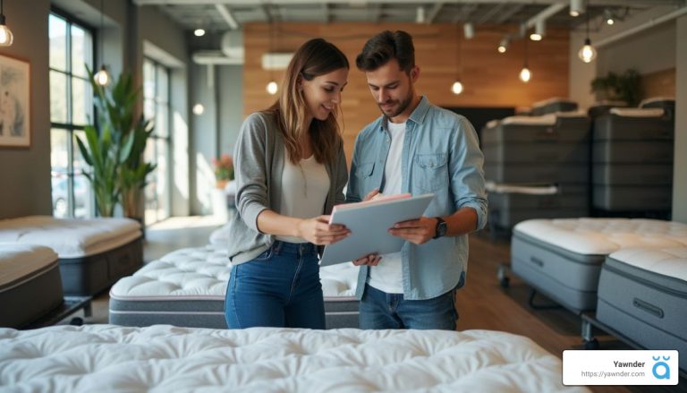 A couple stands in a mattress store, reviewing information on a clipboard. They are surrounded by various mattresses on display. The store features a modern design with large windows, indoor plants, and a cozy atmosphere. A logo for Yawnder is visible in the corner.