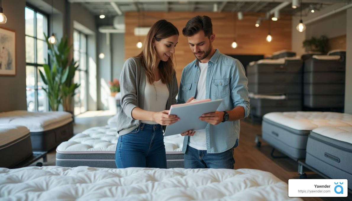 A couple stands in a mattress store, reviewing information on a clipboard. They are surrounded by various mattresses on display. The store features a modern design with large windows, indoor plants, and a cozy atmosphere. A logo for Yawnder is visible in the corner.