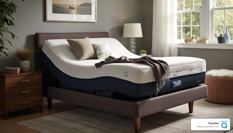 An adjustable bed in a modern bedroom with a light grey mattress. The bed is in a slightly elevated position, and the room features a wooden nightstand and a large window letting in natural light. A blanket and pillows are neatly arranged on the bed.