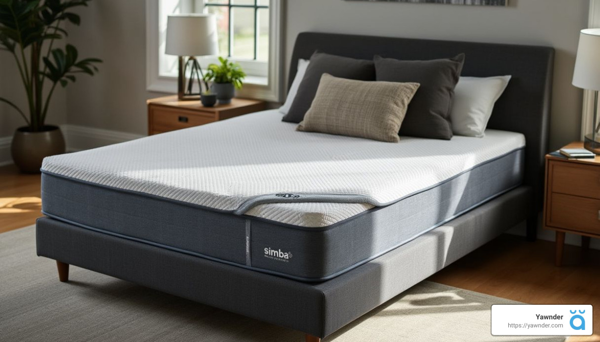 A modern bedroom featuring a neatly made bed with a gray Simba mattress on a bed frame. There are multiple pillows against the headboard, a wooden nightstand with a lamp and decor items on both sides, and a window letting in natural light. A "Yawner" label is visible.